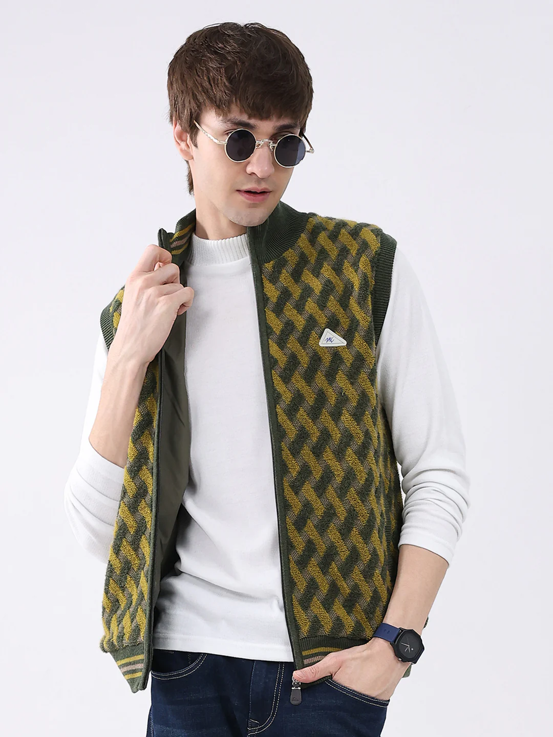 Men Green Self Design Mock Neck Sleeveless Jacket - Image 6