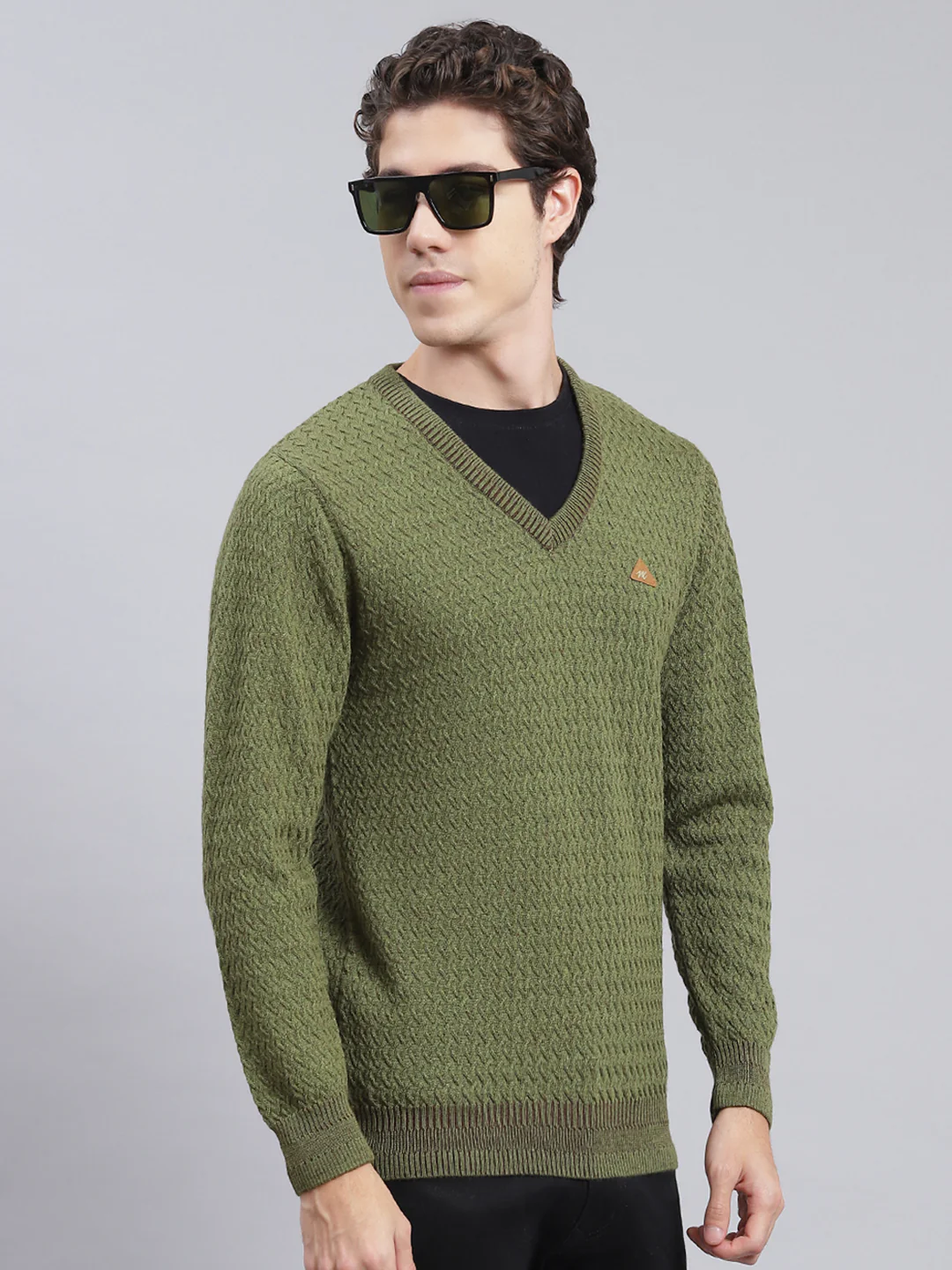 Men Green Self Design Pure wool Pullover - Image 2