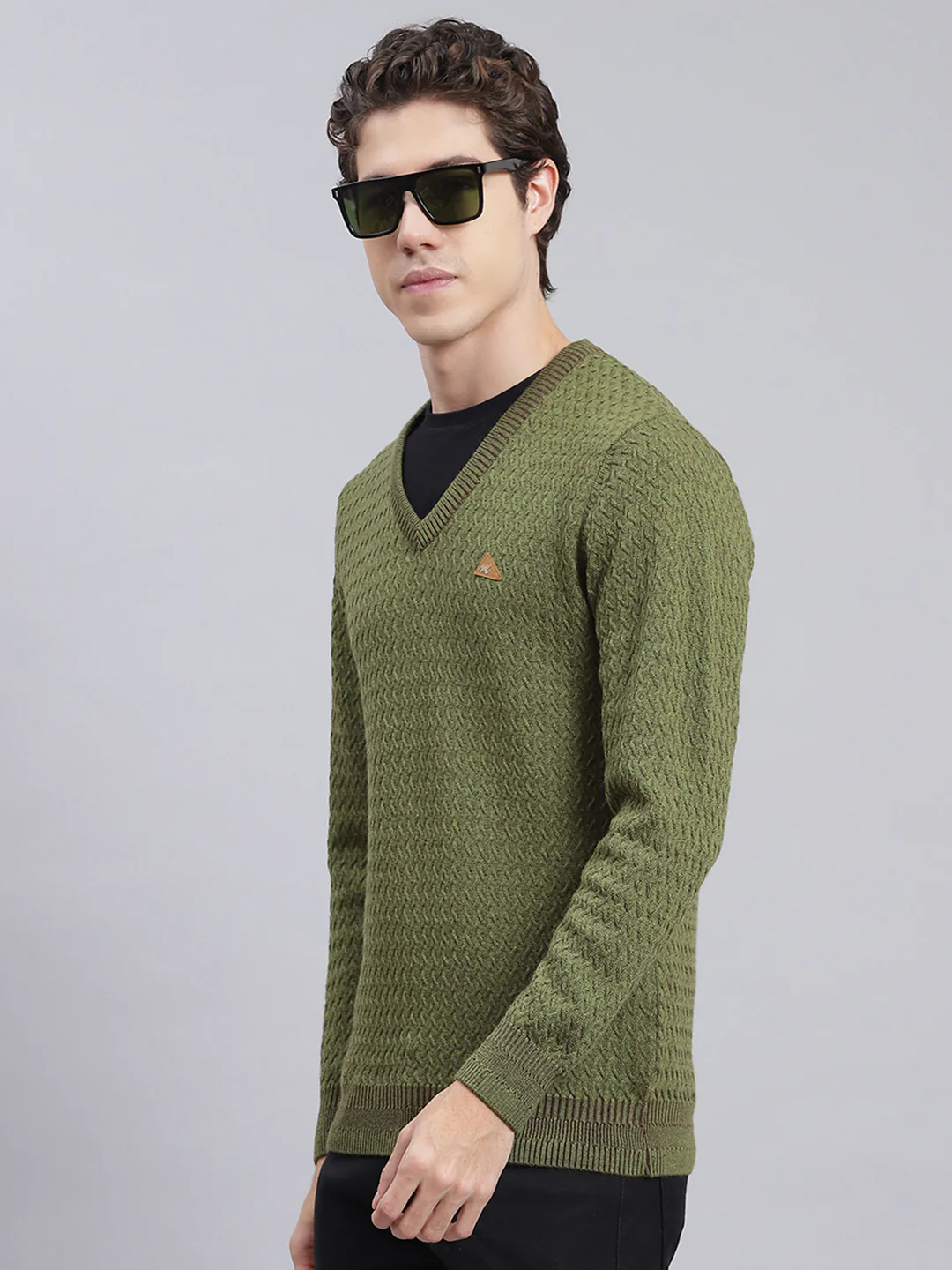 Men Green Self Design Pure wool Pullover - Image 3