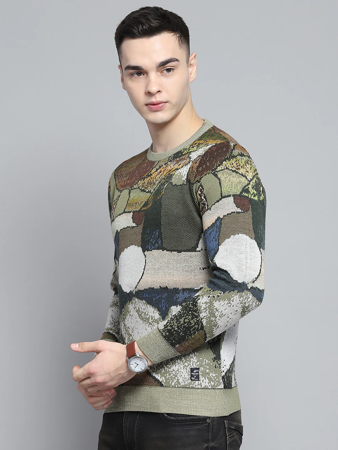 Men Green Self Design Round Neck Full Sleeve Pullover - Image 3