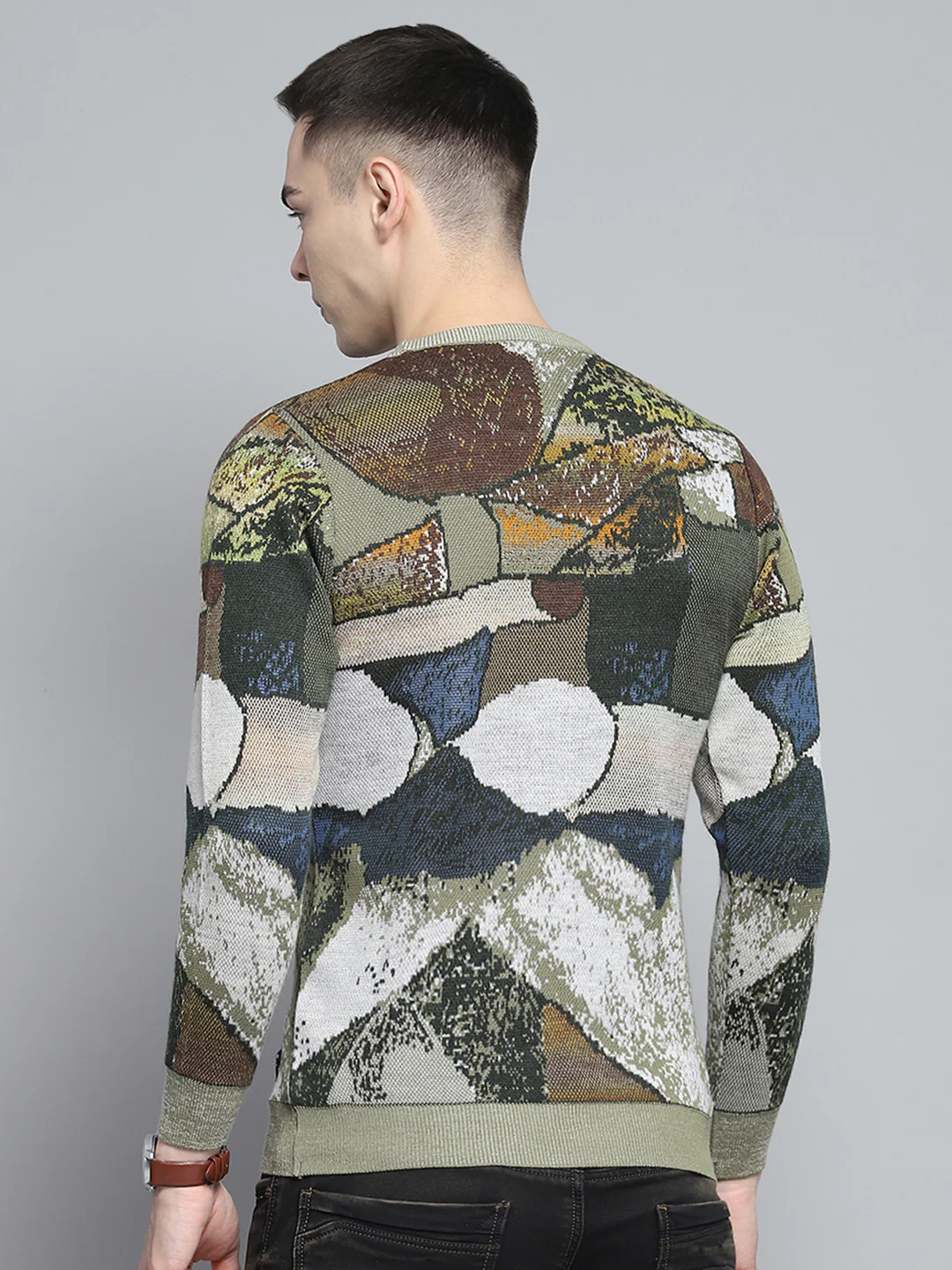Men Green Self Design Round Neck Full Sleeve Pullover - Image 5