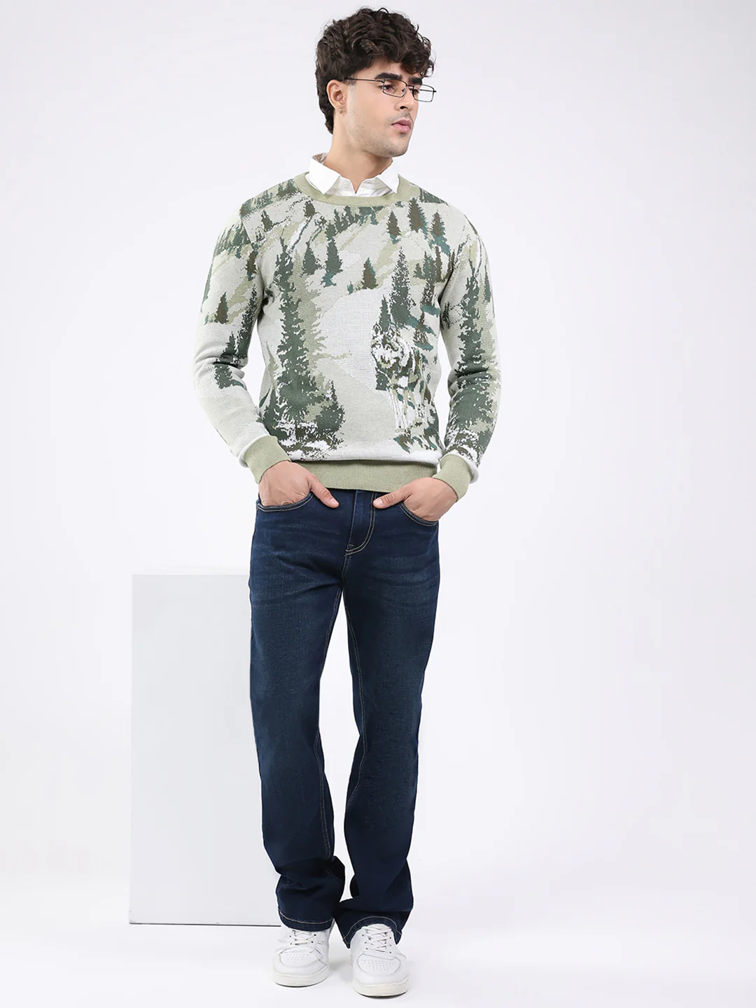 Men Green Self Design Round Neck Full Sleeve Pullover - Image 2