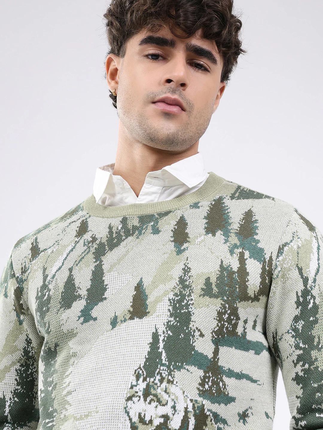 Men Green Self Design Round Neck Full Sleeve Pullover - Image 7