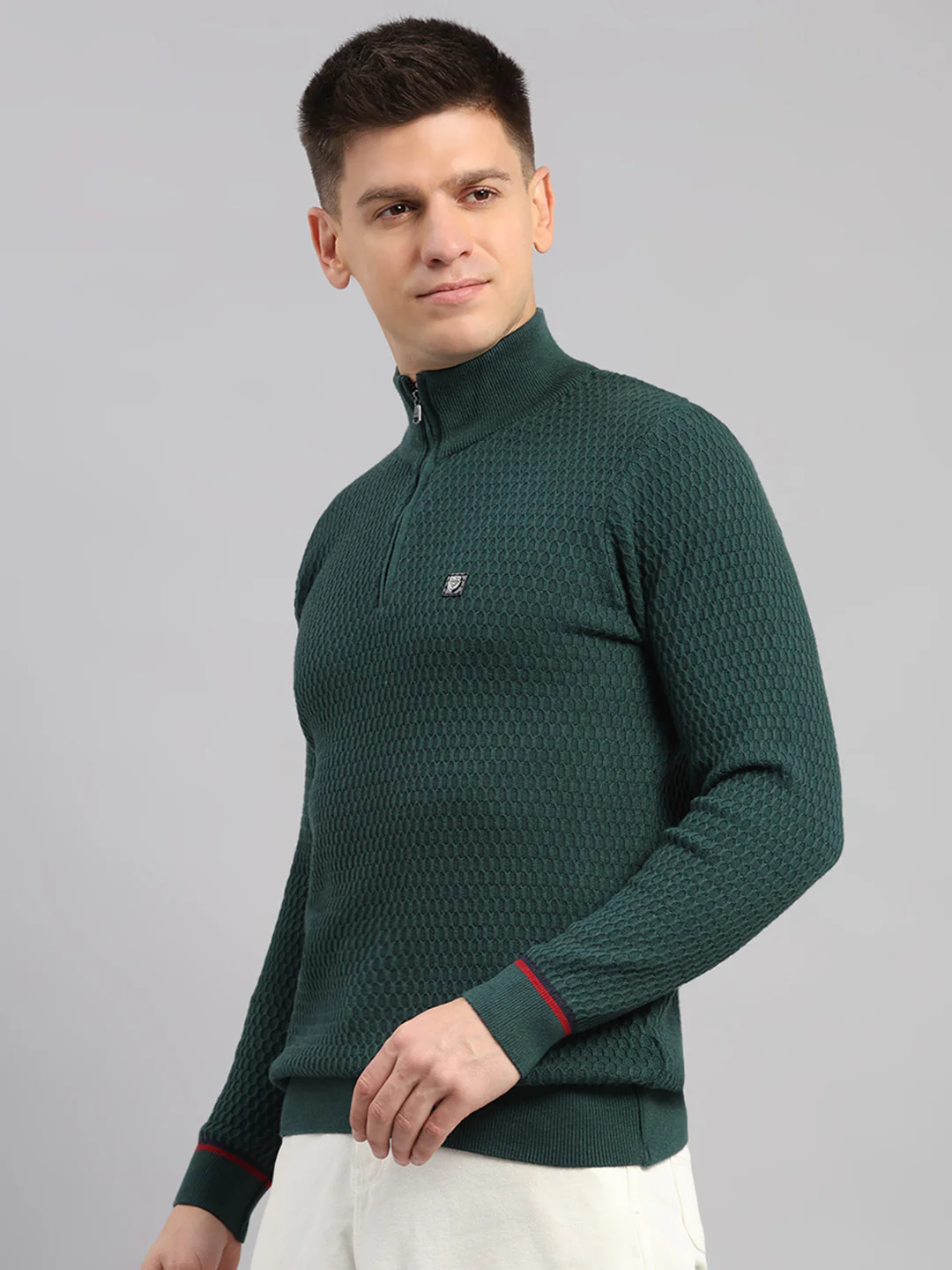 Men Green Self Design Round Neck Full Sleeve Pullover - Image 3