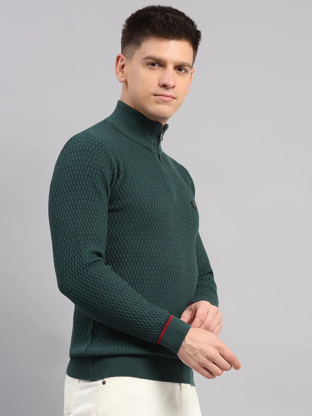 Men Green Self Design Round Neck Full Sleeve Pullover - Image 4