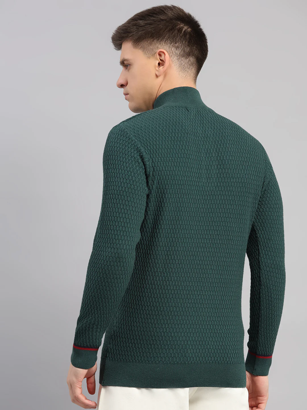 Men Green Self Design Round Neck Full Sleeve Pullover - Image 5