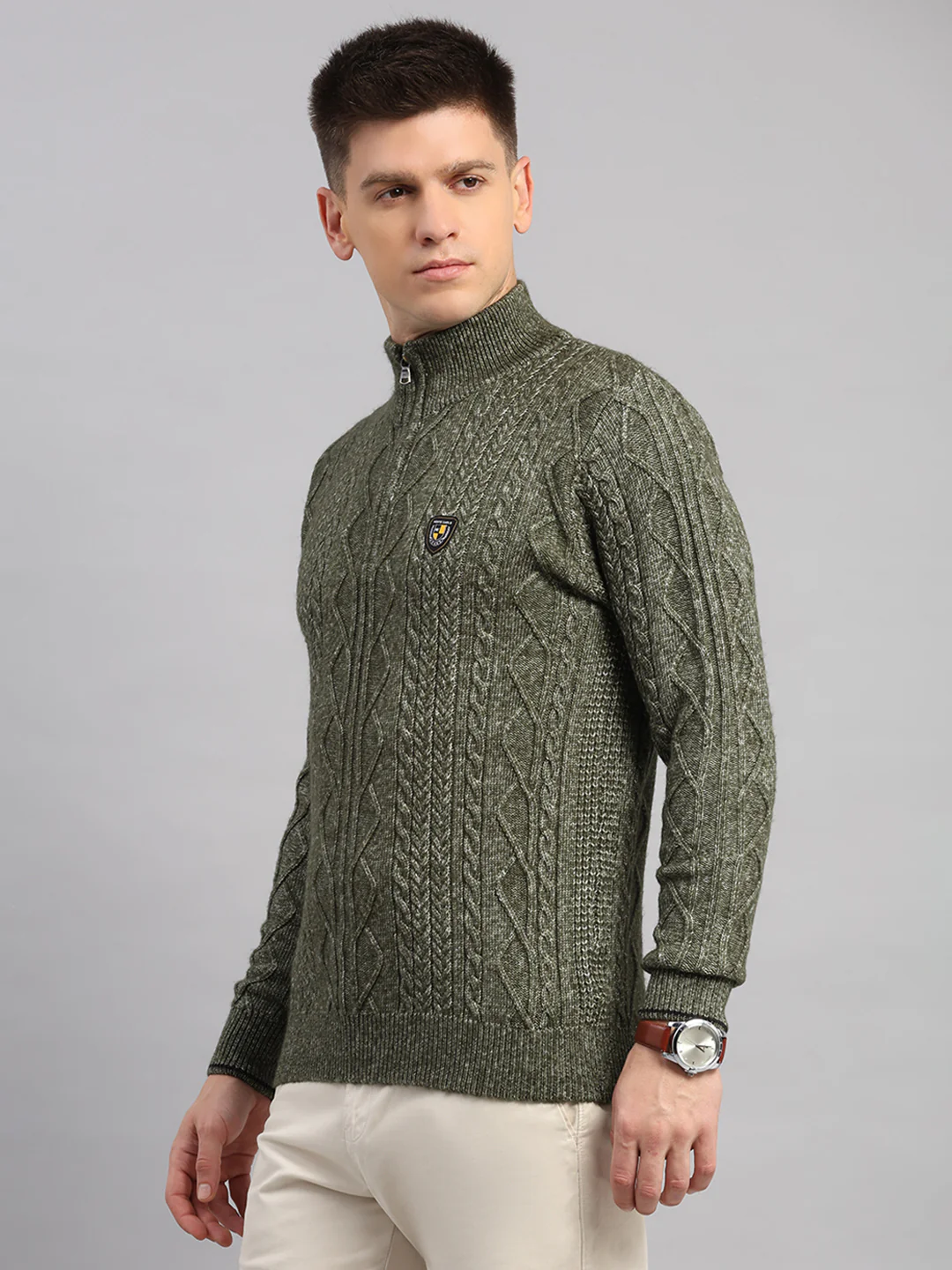Men Green Self Design Round Neck Full Sleeve Pullover - Image 3