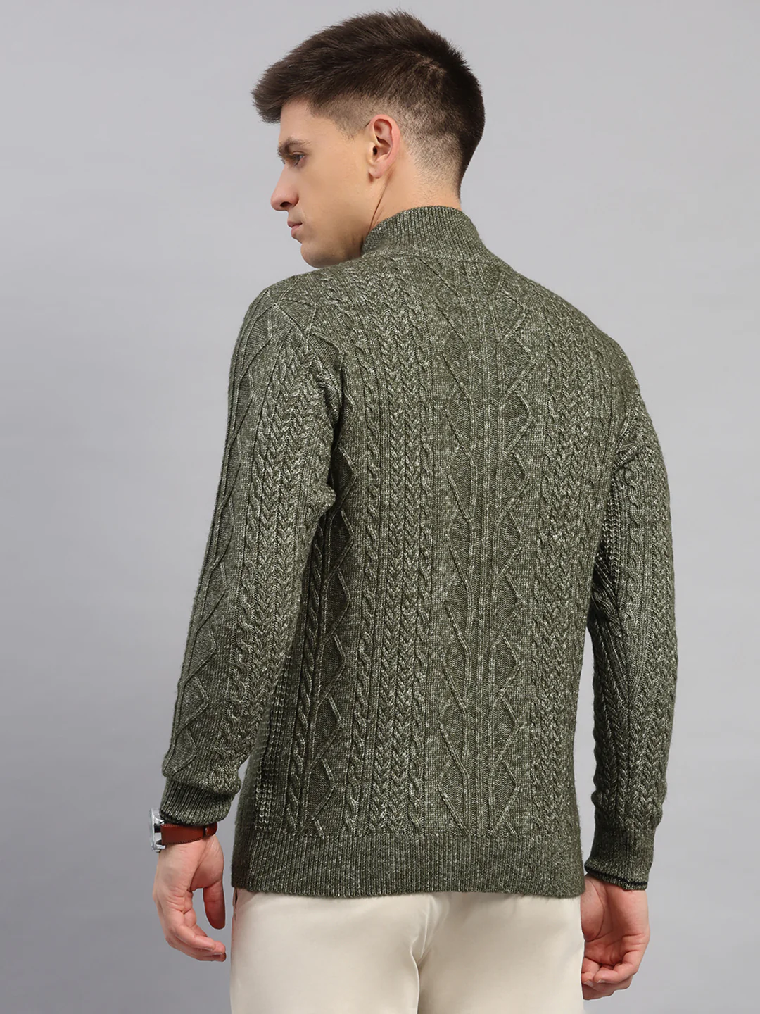Men Green Self Design Round Neck Full Sleeve Pullover - Image 5