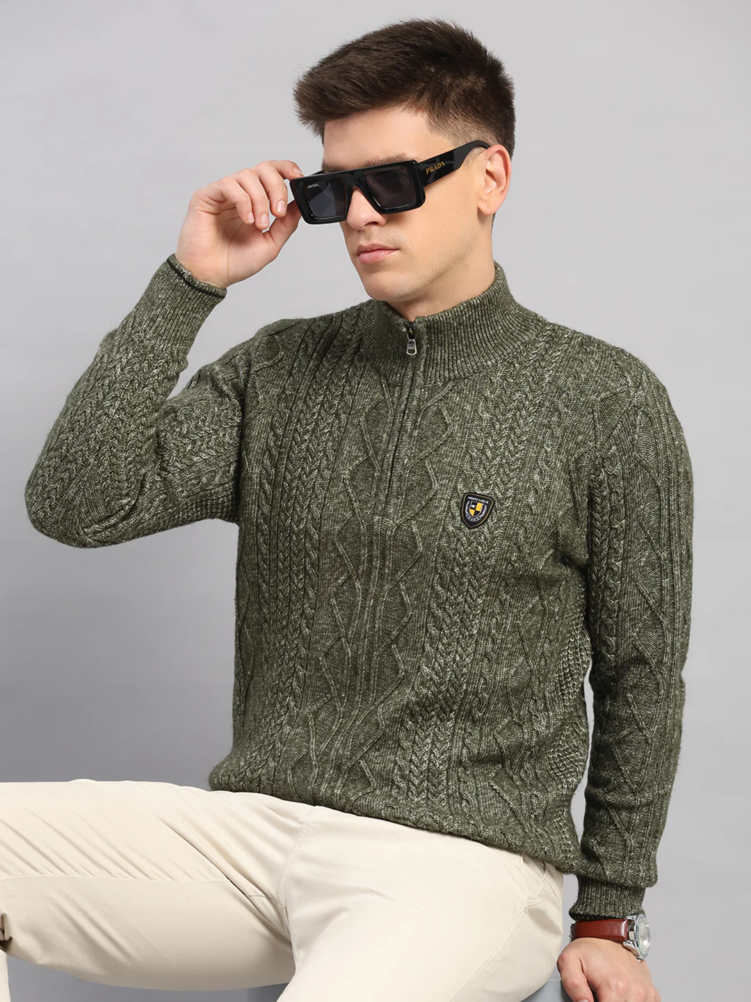 Men Green Self Design Round Neck Full Sleeve Pullover - Image 6