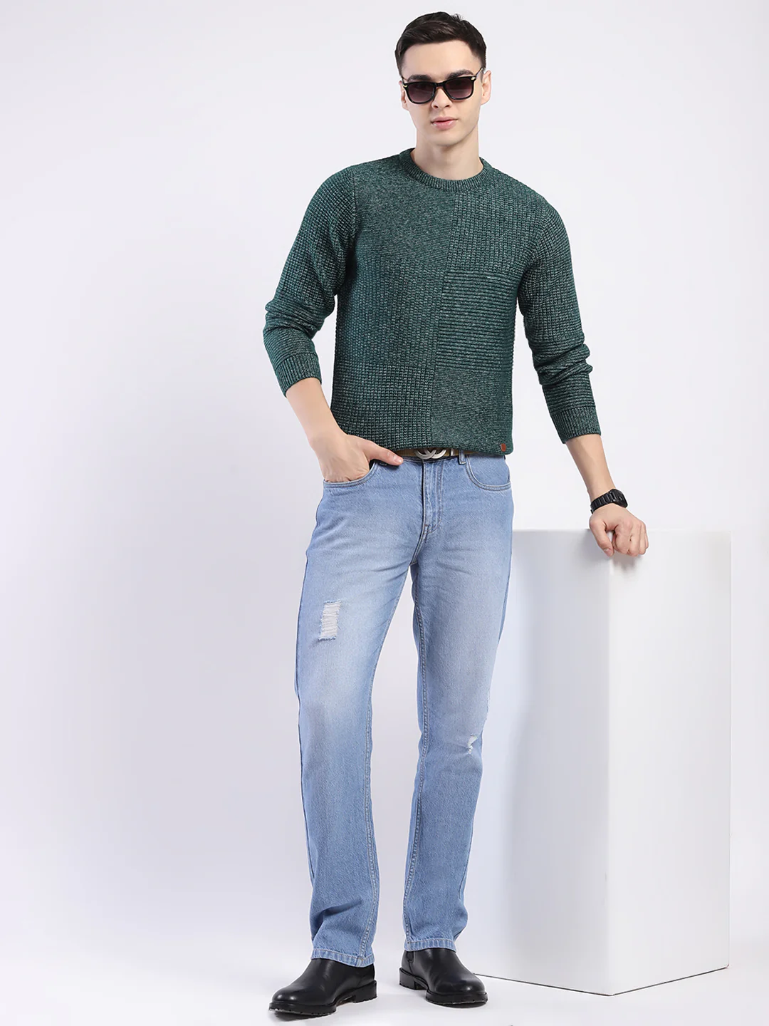 Men Green Self Design Round Neck Full Sleeve Pullover - Image 2