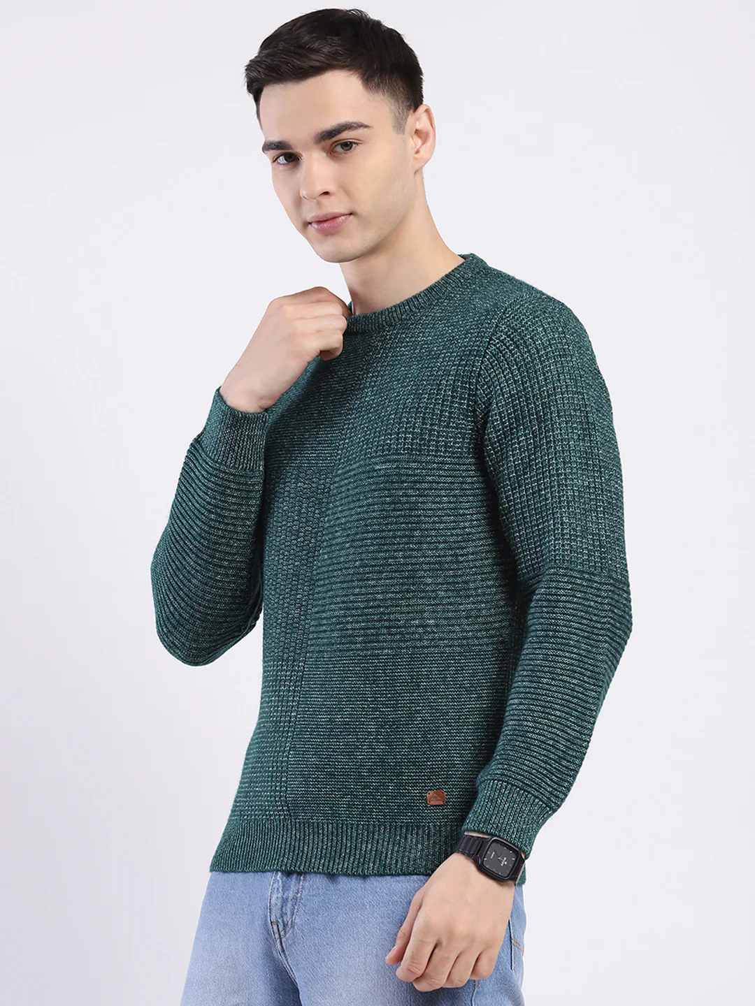 Men Green Self Design Round Neck Full Sleeve Pullover - Image 3