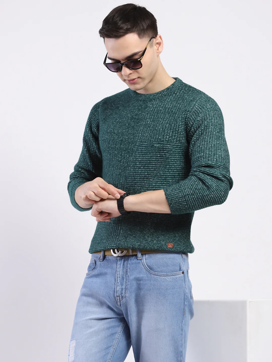 Men Green Self Design Round Neck Full Sleeve Pullover - Image 6