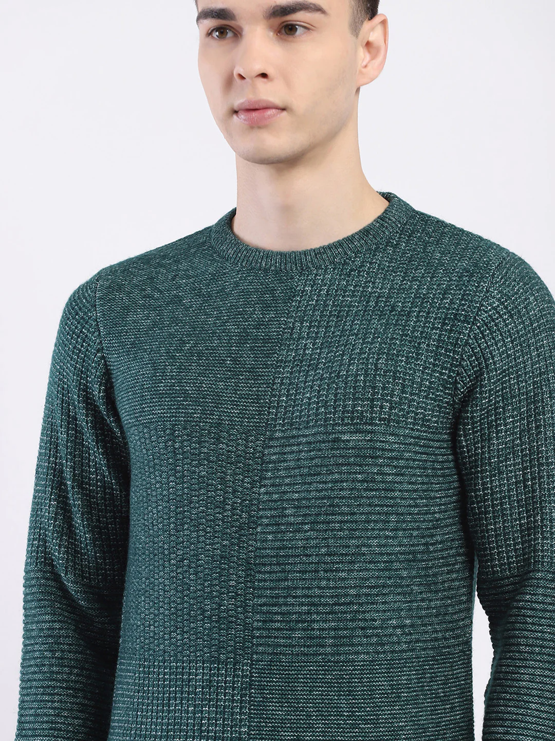 Men Green Self Design Round Neck Full Sleeve Pullover - Image 7