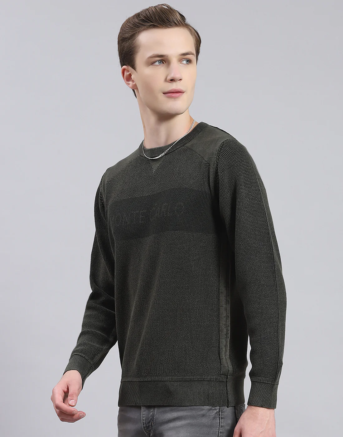 Men Green Self Design Round Neck Full Sleeve Sweater - Image 3