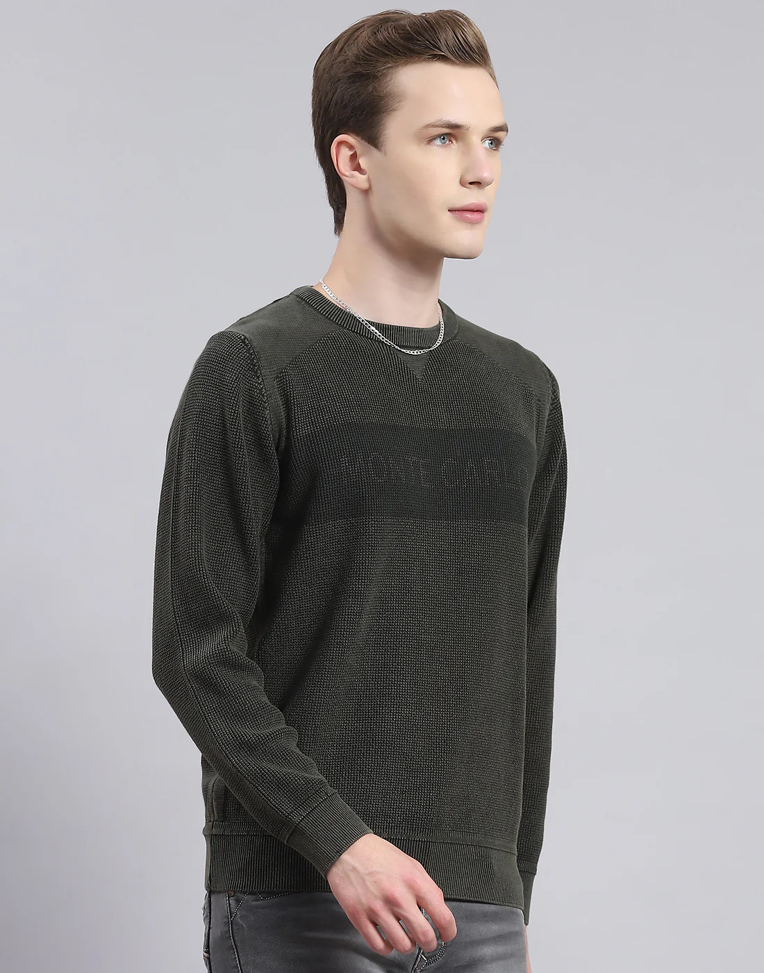 Men Green Self Design Round Neck Full Sleeve Sweater - Image 4