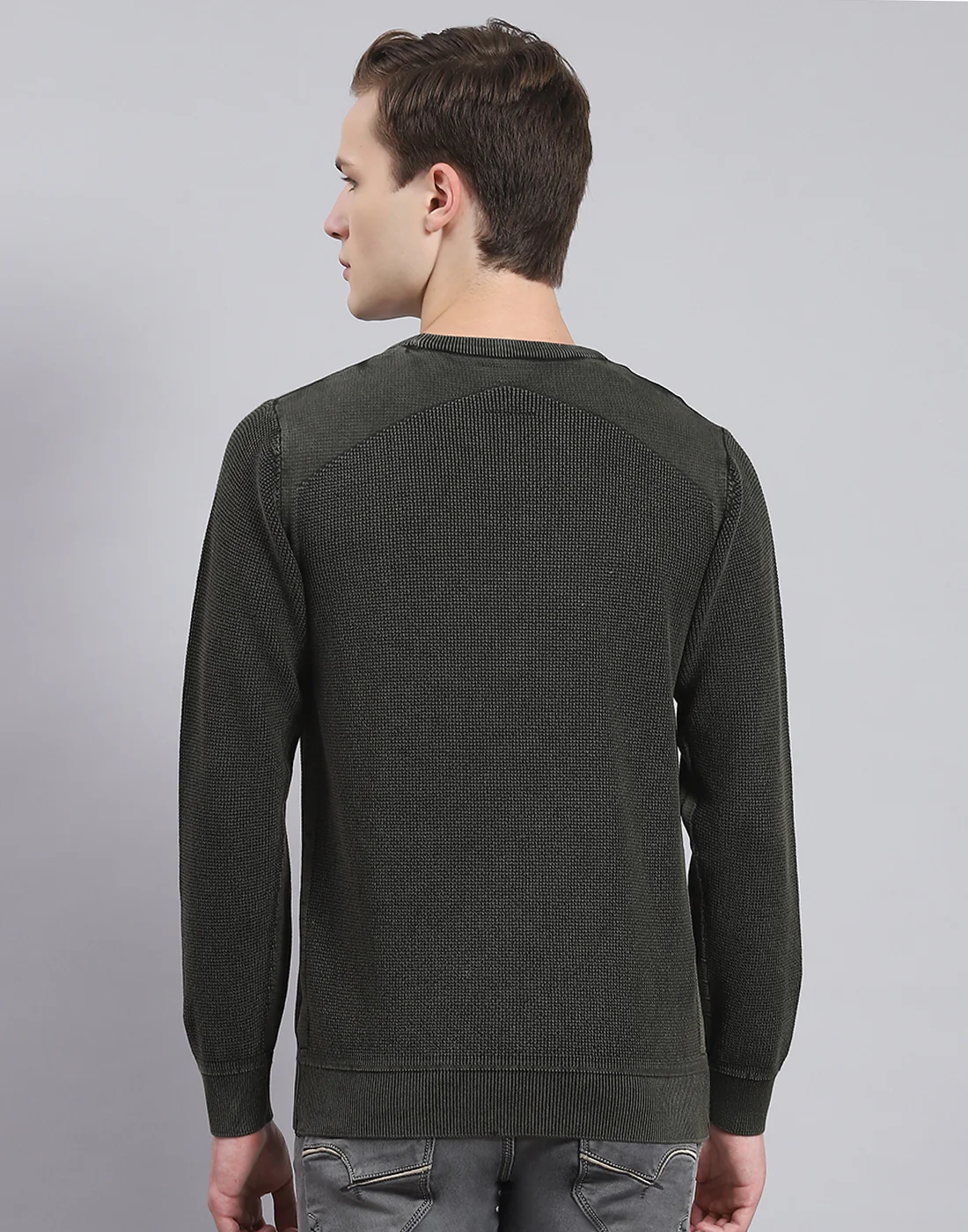 Men Green Self Design Round Neck Full Sleeve Sweater - Image 5