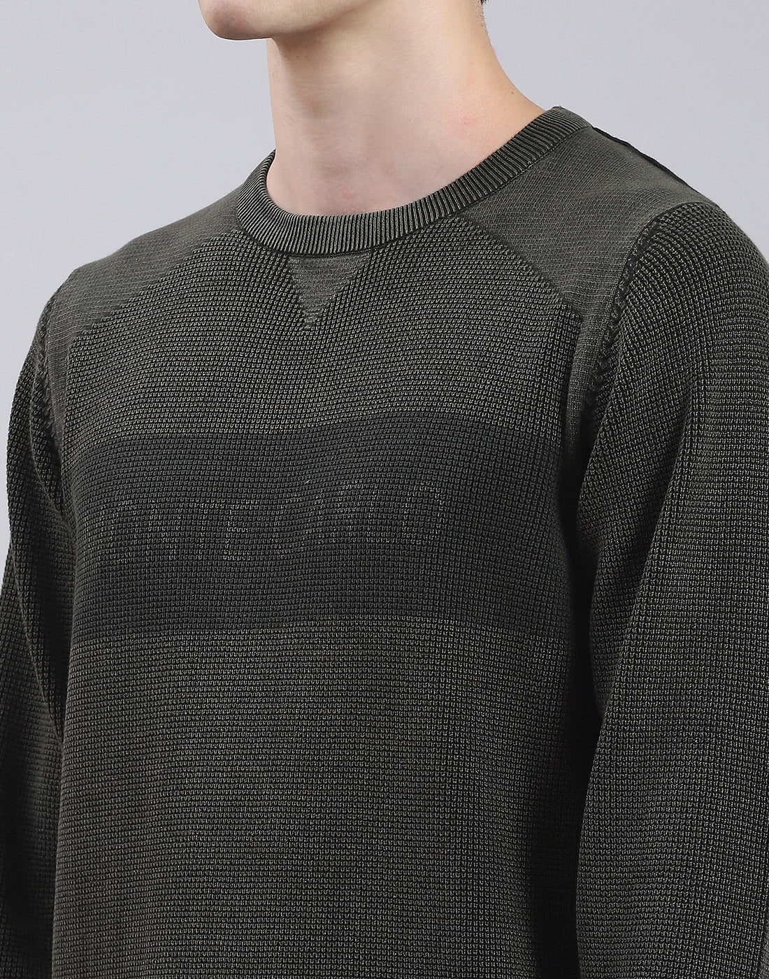 Men Green Self Design Round Neck Full Sleeve Sweater - Image 6