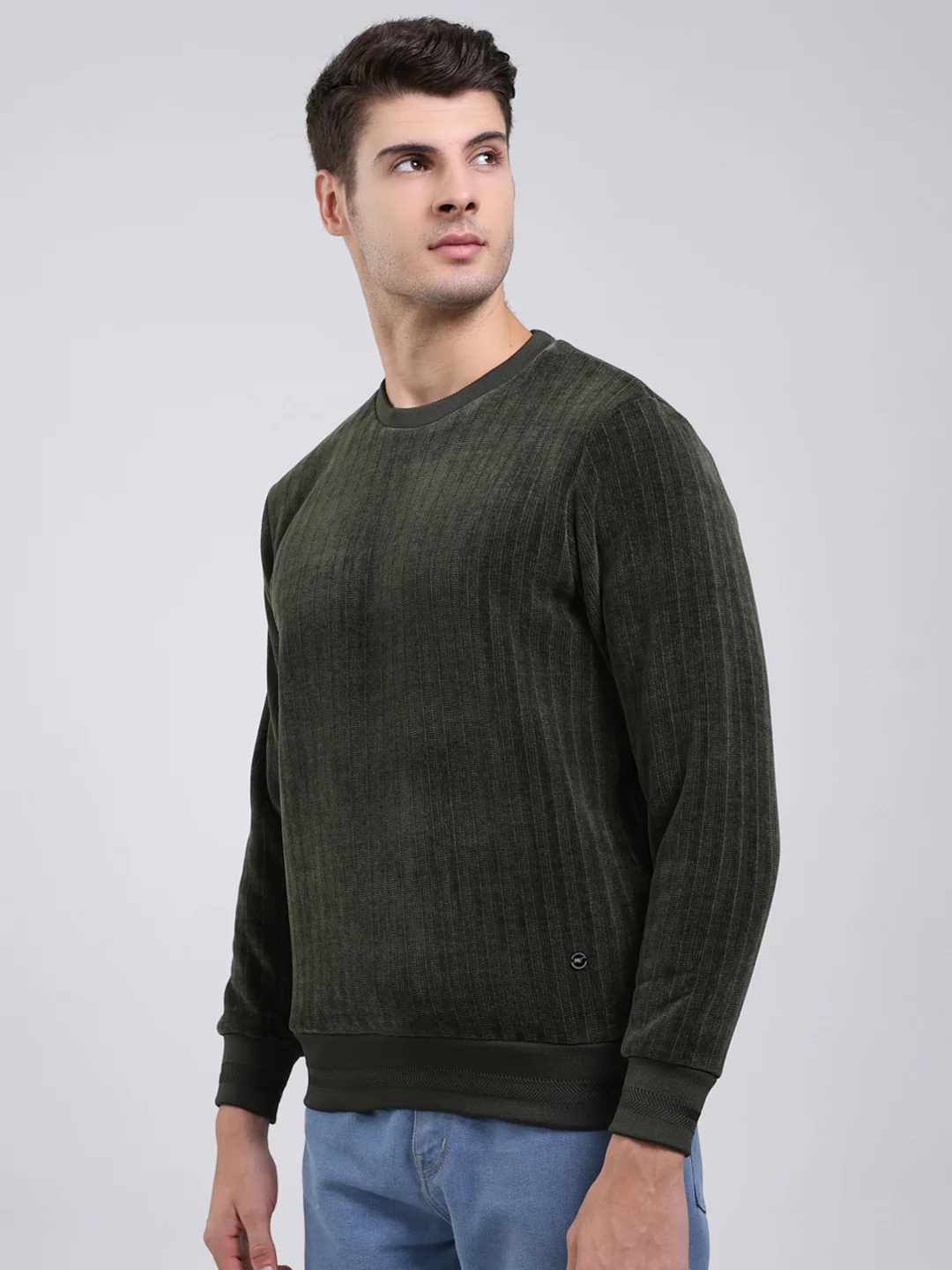 Men Green Self Design Round Neck Full Sleeve Sweatshirt - Image 3