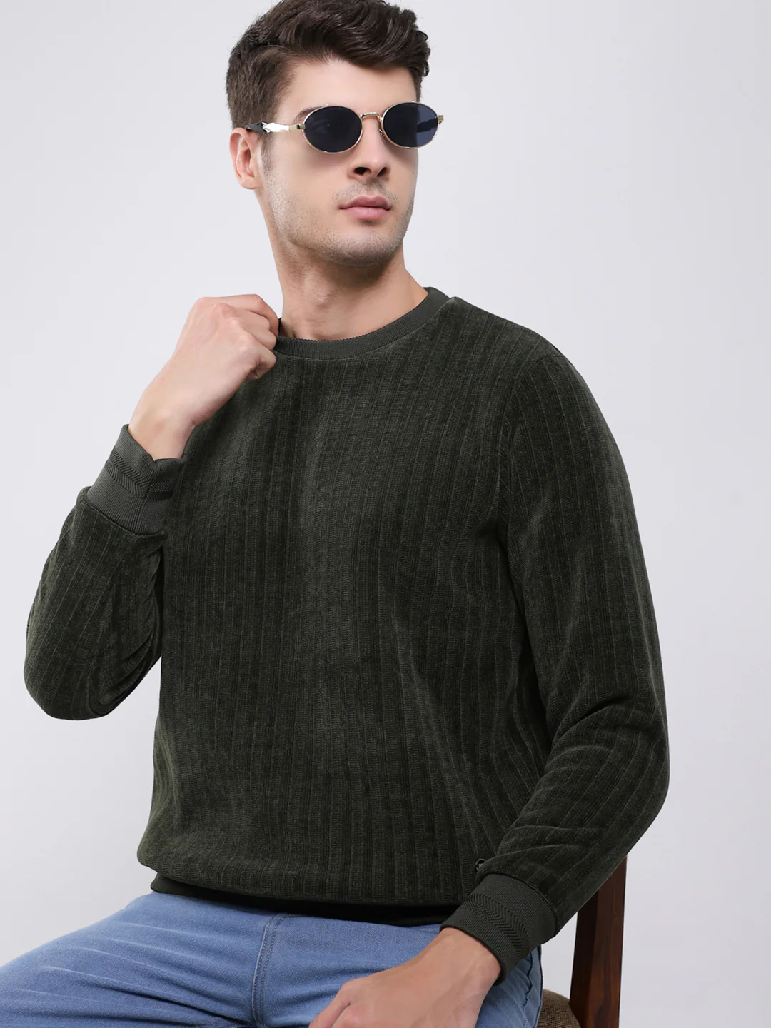 Men Green Self Design Round Neck Full Sleeve Sweatshirt - Image 6