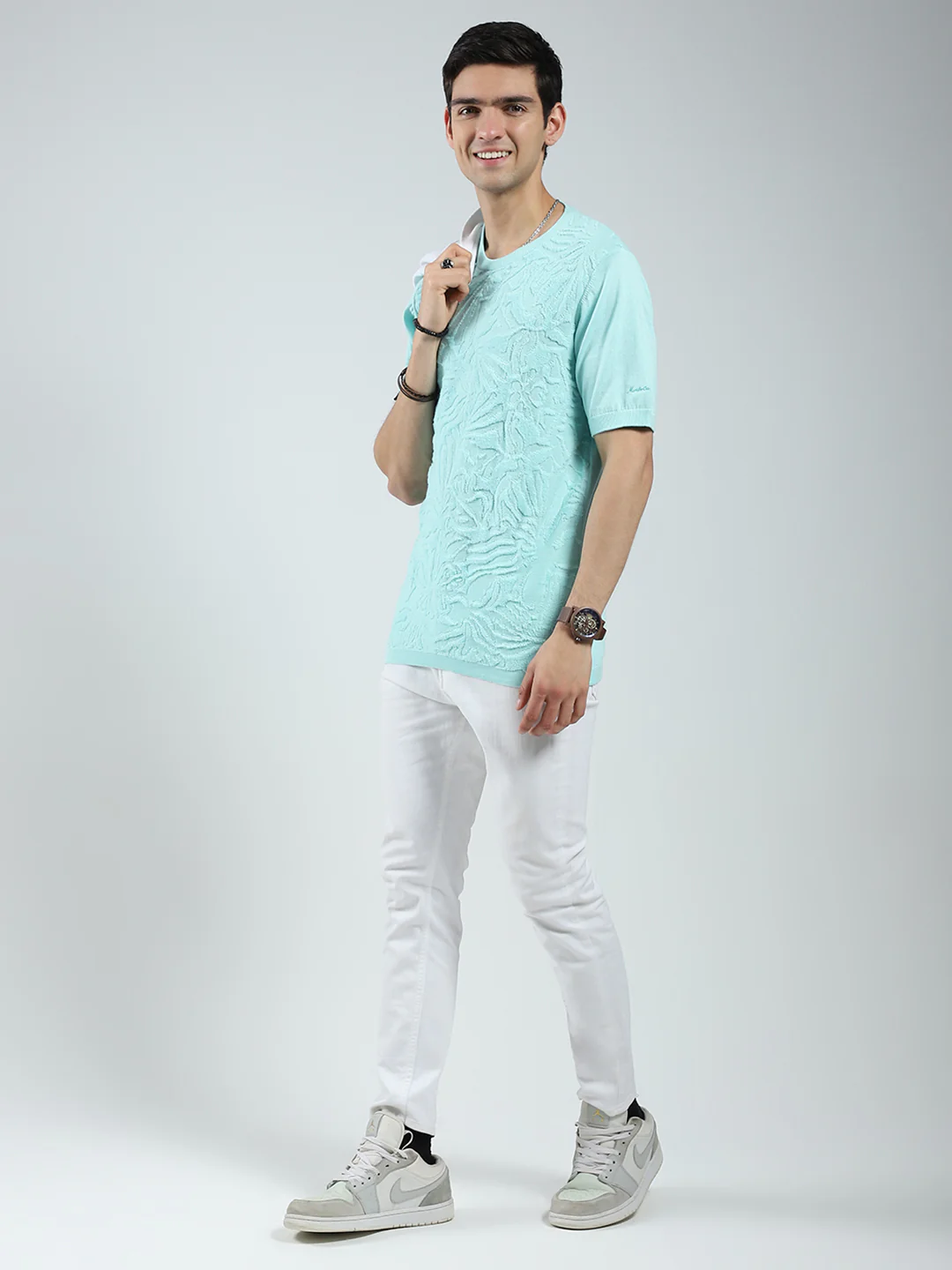 Men Green Self Design Round Neck Half Sleeve T-Shirt - Image 2
