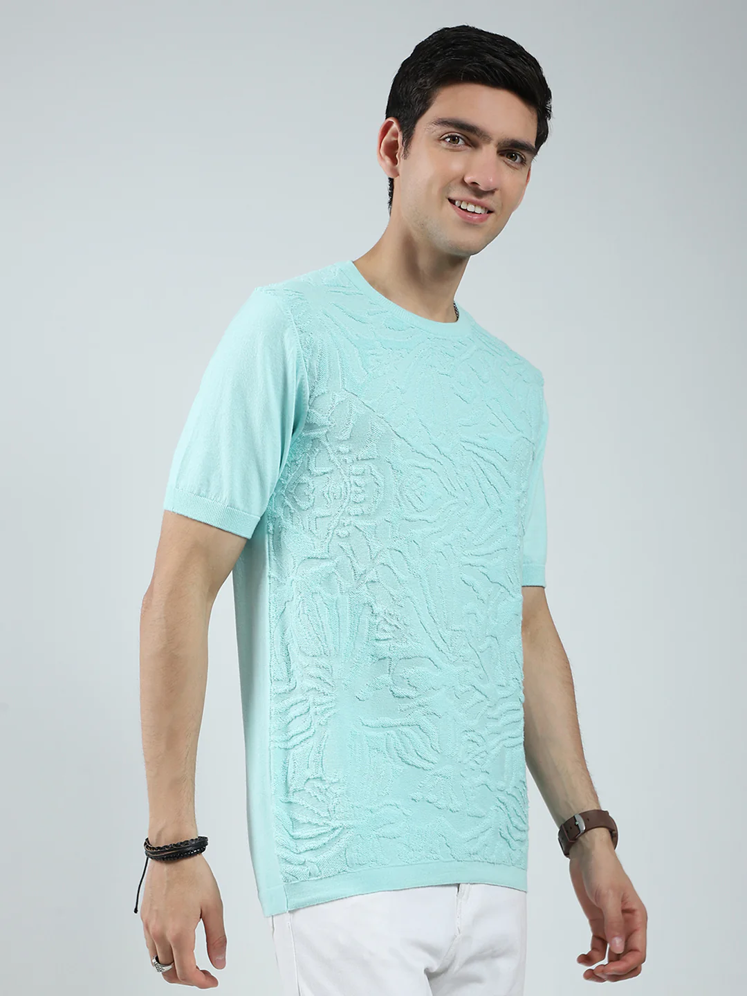 Men Green Self Design Round Neck Half Sleeve T-Shirt - Image 4