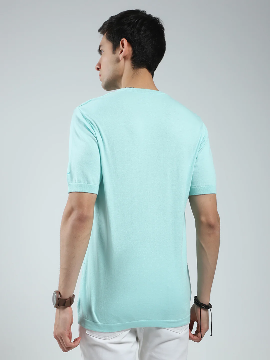 Men Green Self Design Round Neck Half Sleeve T-Shirt - Image 5