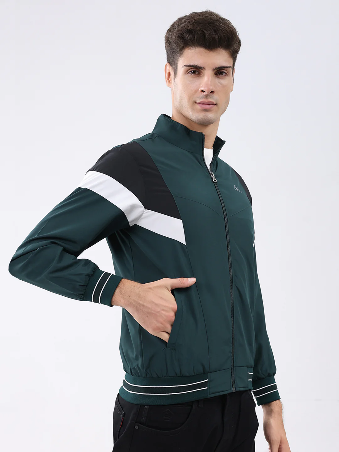 Men Green Self Design Stand Collar Full Sleeve Jacket - Image 4