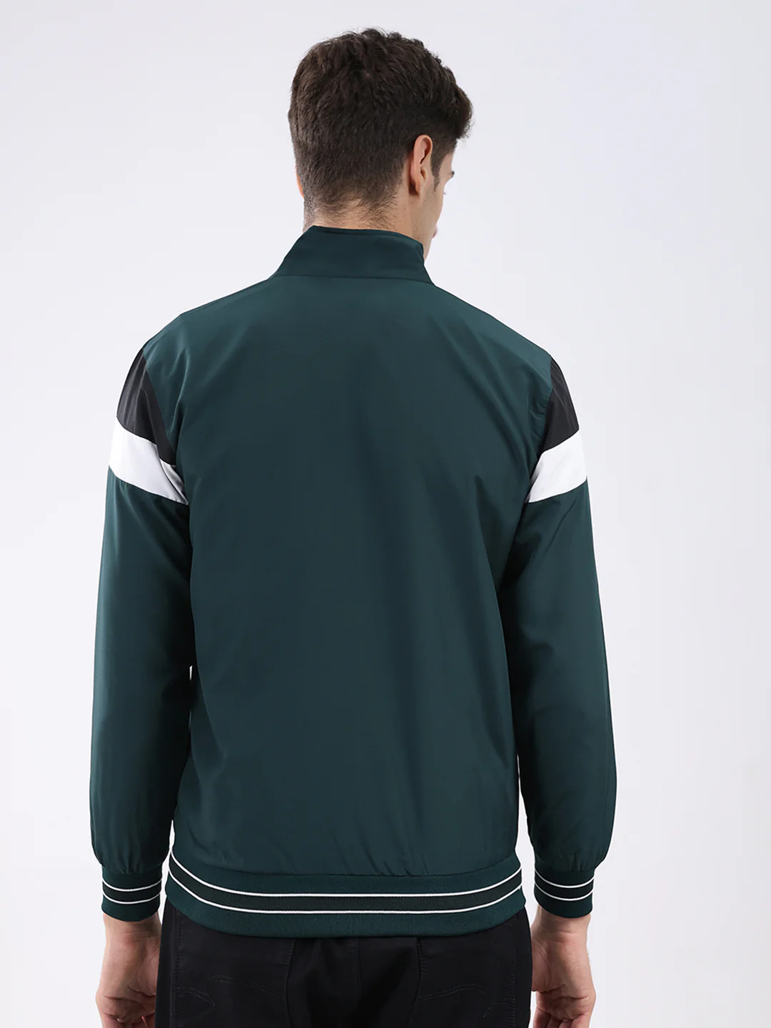 Men Green Self Design Stand Collar Full Sleeve Jacket - Image 5