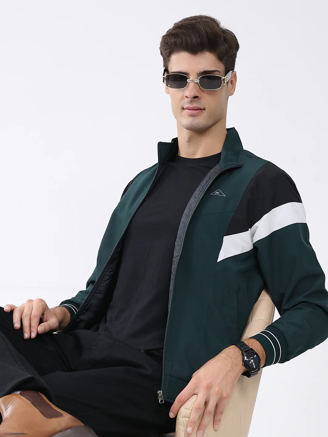 Men Green Self Design Stand Collar Full Sleeve Jacket - Image 6