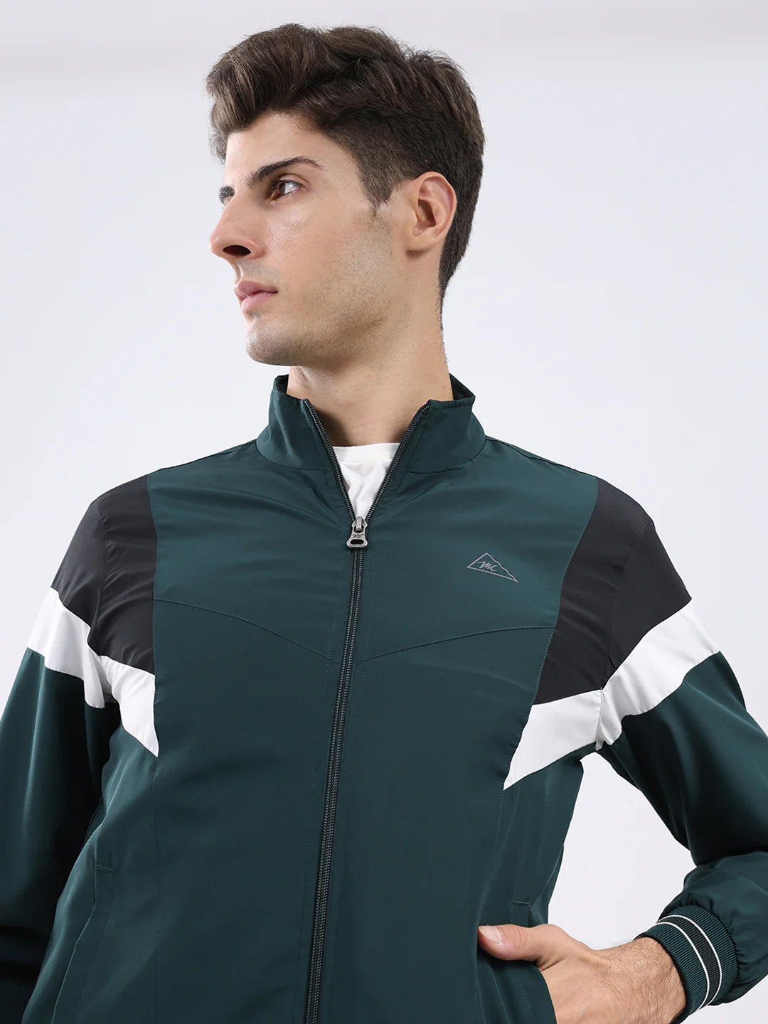 Men Green Self Design Stand Collar Full Sleeve Jacket - Image 7