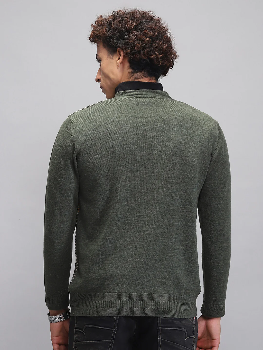 Men Green Self Design V Neck Full Sleeve Cardigan - Image 5