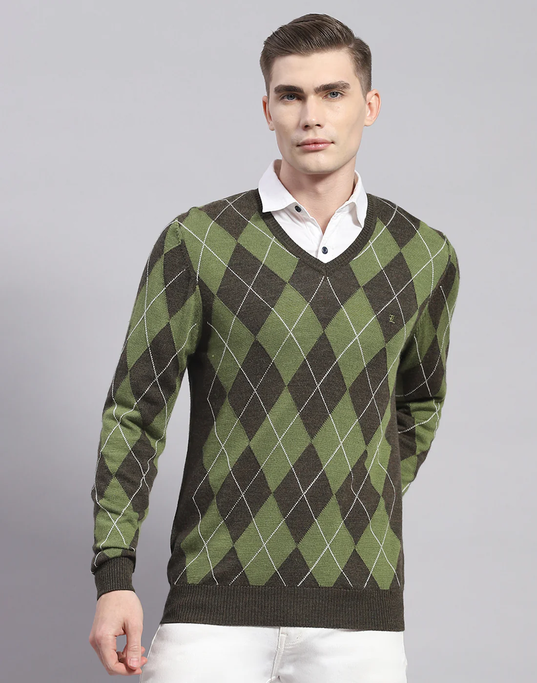 Men Green Self Design V Neck Full Sleeve Pullover - Image 2