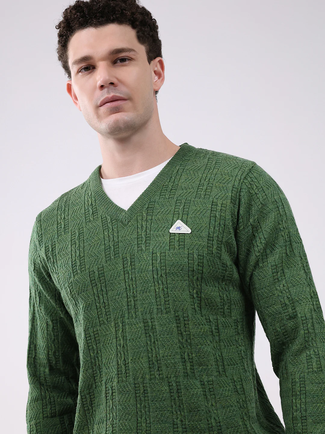 Men Green Self Design V Neck Full Sleeve Pullover - Image 6
