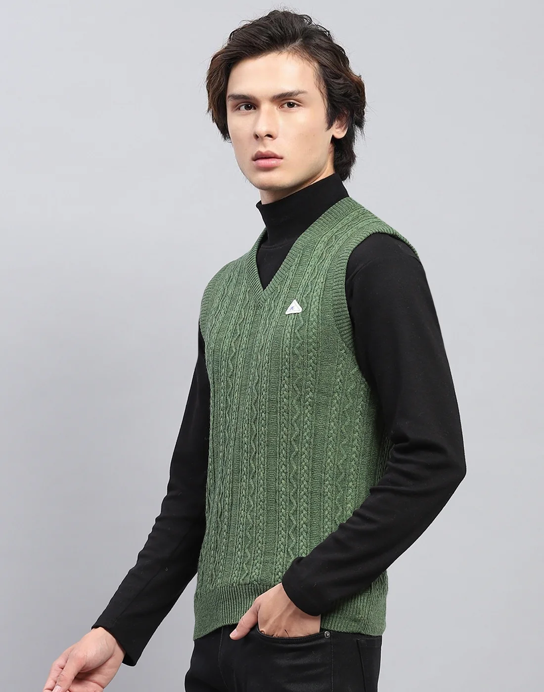 Men Green Self Design V Neck Sleeveless Sweater - Image 3