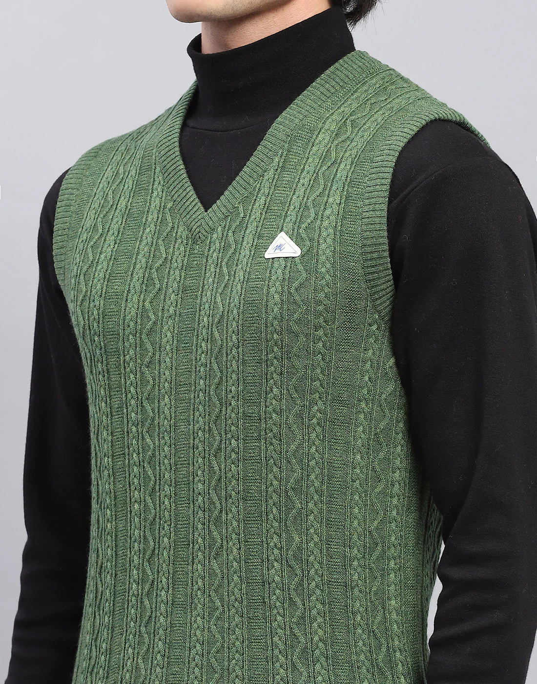 Men Green Self Design V Neck Sleeveless Sweater - Image 6