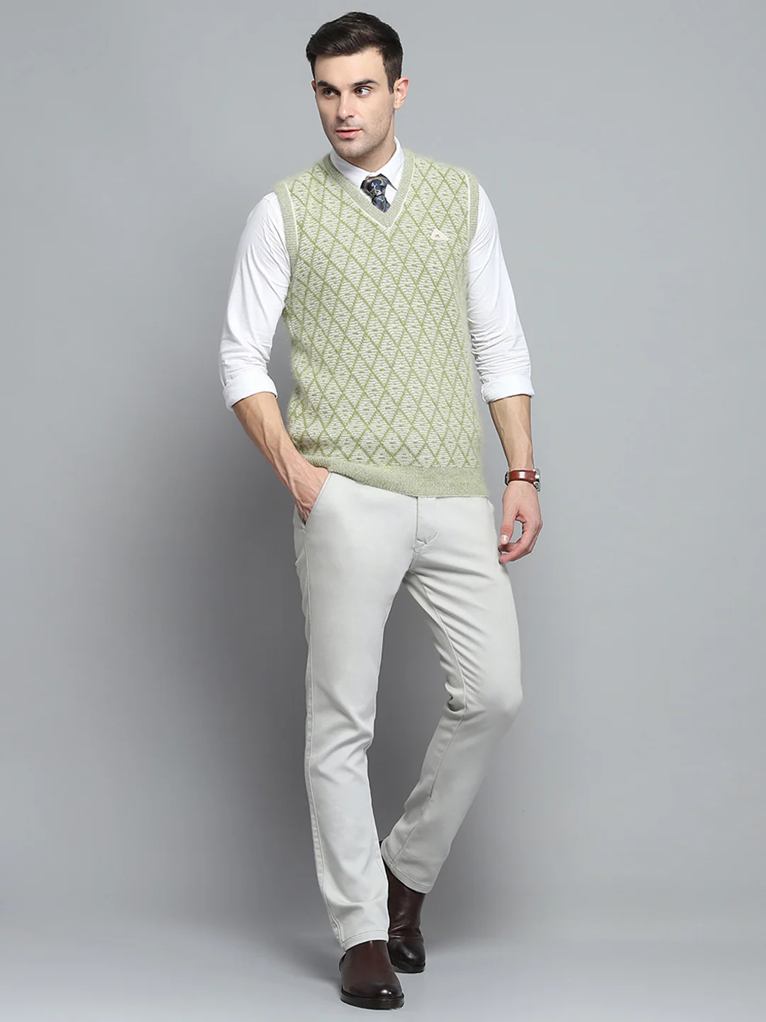 Men Green Self Design V Neck Sleeveless Sweater - Image 2