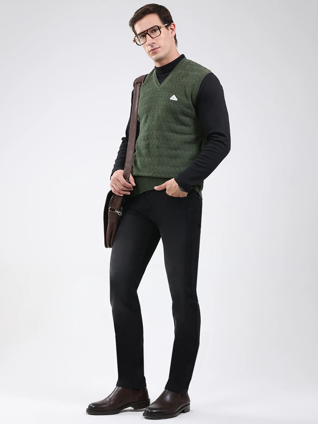 Men Green Self Design V Neck Sleeveless Sweater - Image 2