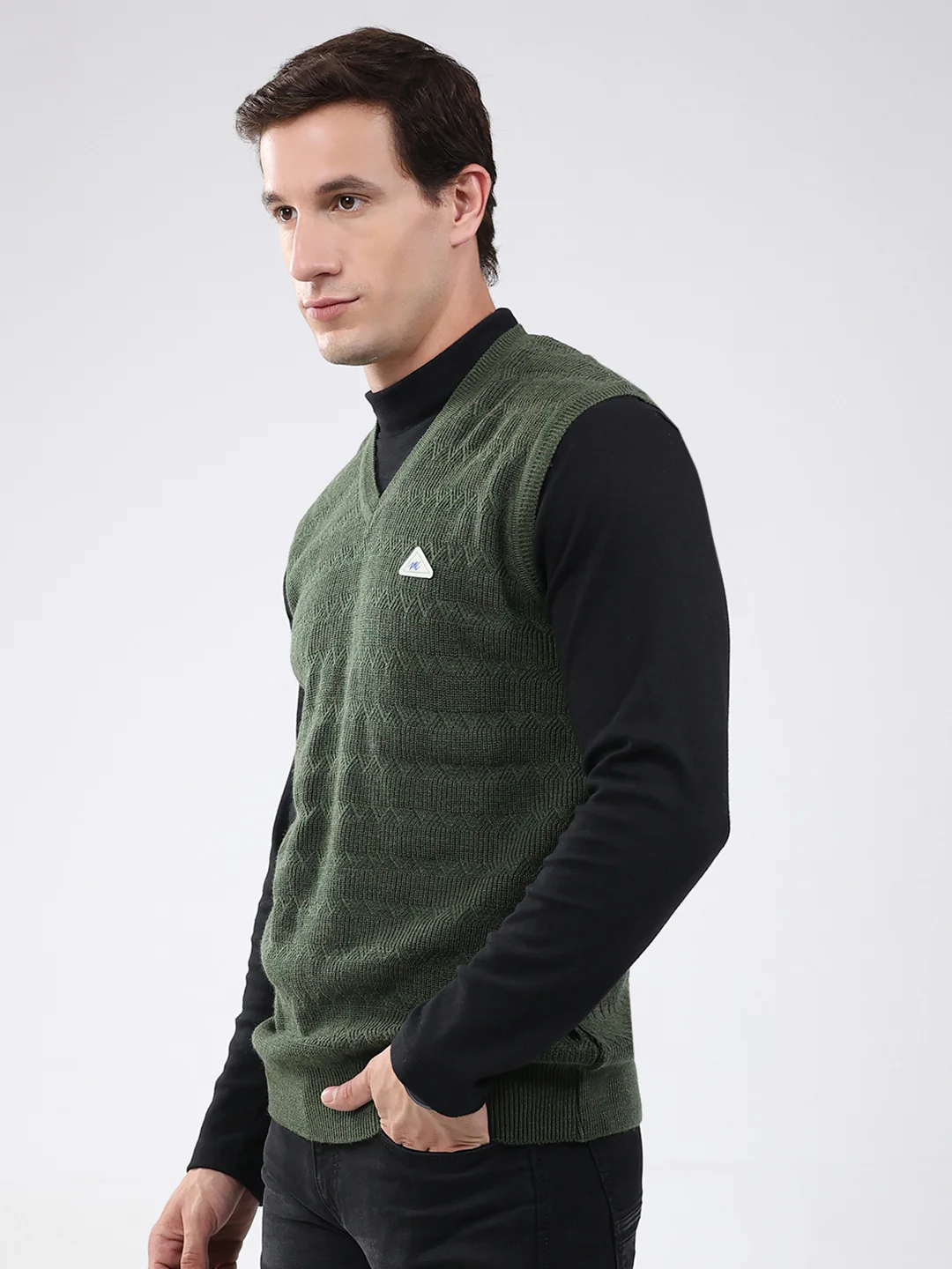 Men Green Self Design V Neck Sleeveless Sweater - Image 3