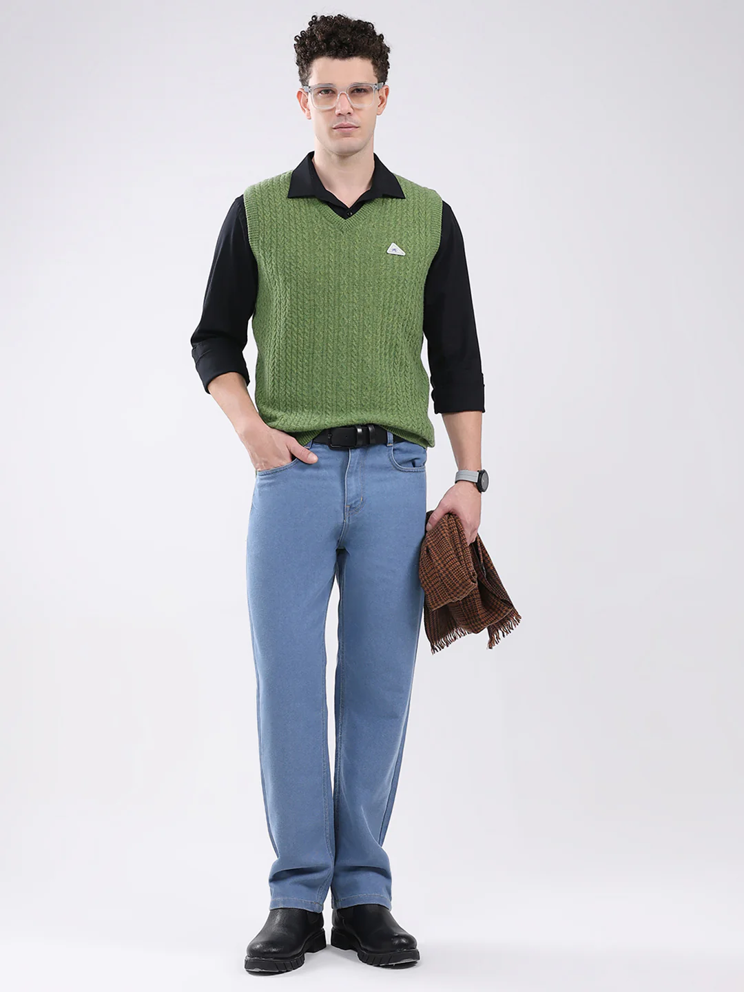 Men Green Self Design V Neck Sleeveless Sweater - Image 2