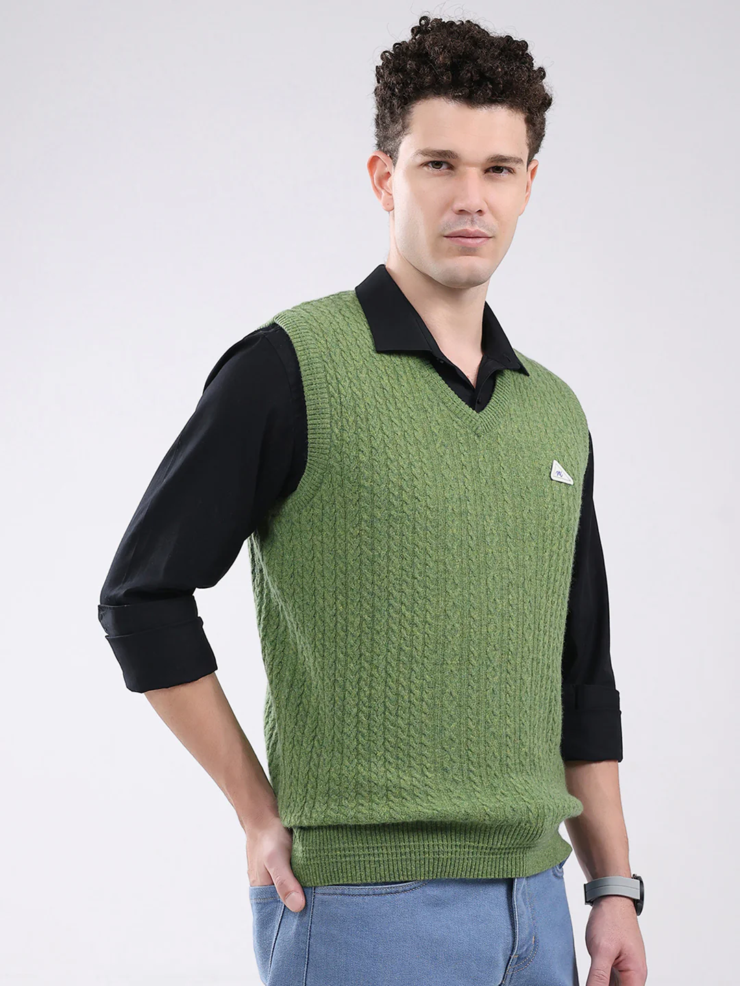 Men Green Self Design V Neck Sleeveless Sweater - Image 4