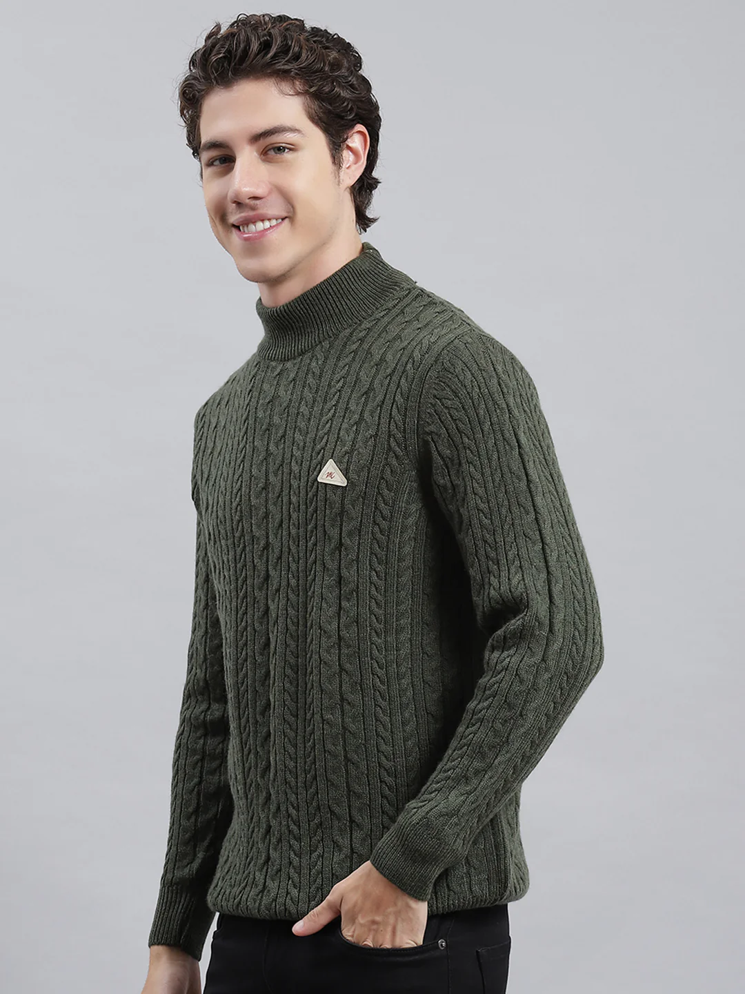 Men Green Self Pullover - Image 3
