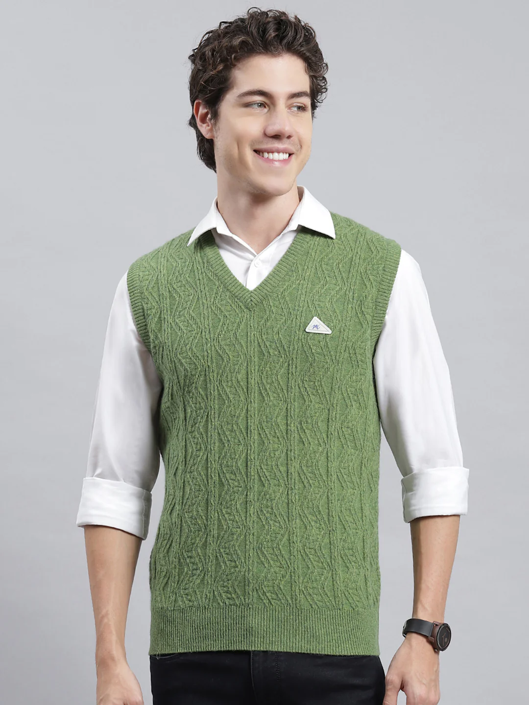 Men Green Self Sweater - Image 2