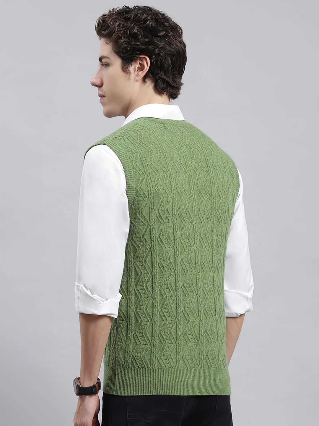 Men Green Self Sweater - Image 5