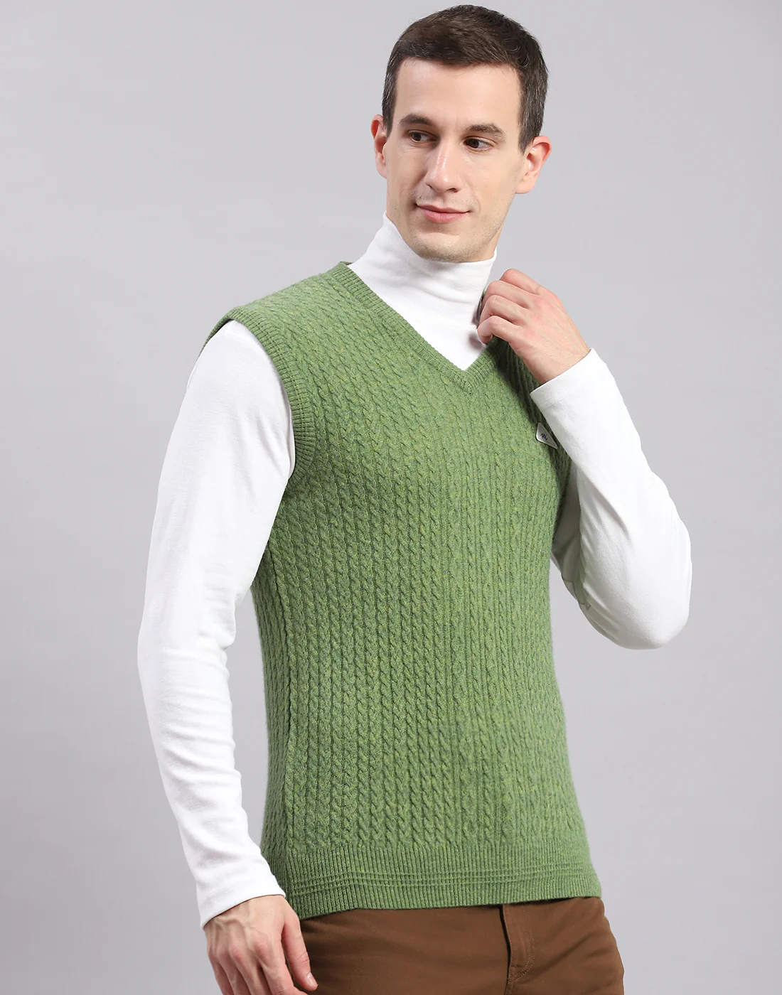 Men Green Self Design V Neck Sleeveless Sweaters/Pullovers - Image 4