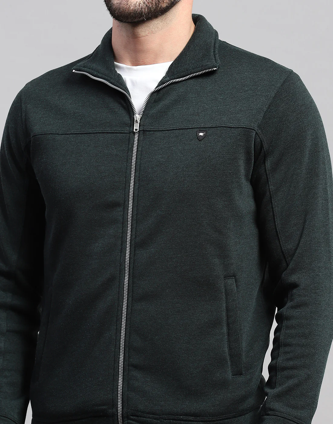 Men Green Solid Band Collar Full Sleeve Winter Tracksuit - Image 7