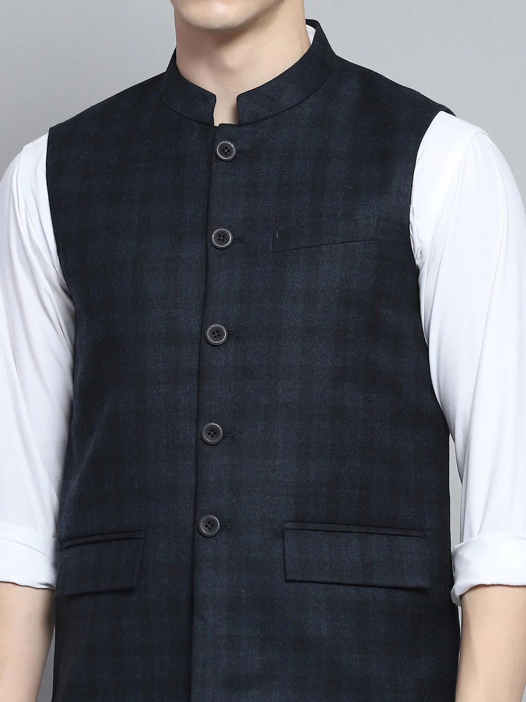 Men Green Solid Band Collar Sleeveless Jacket - Image 6
