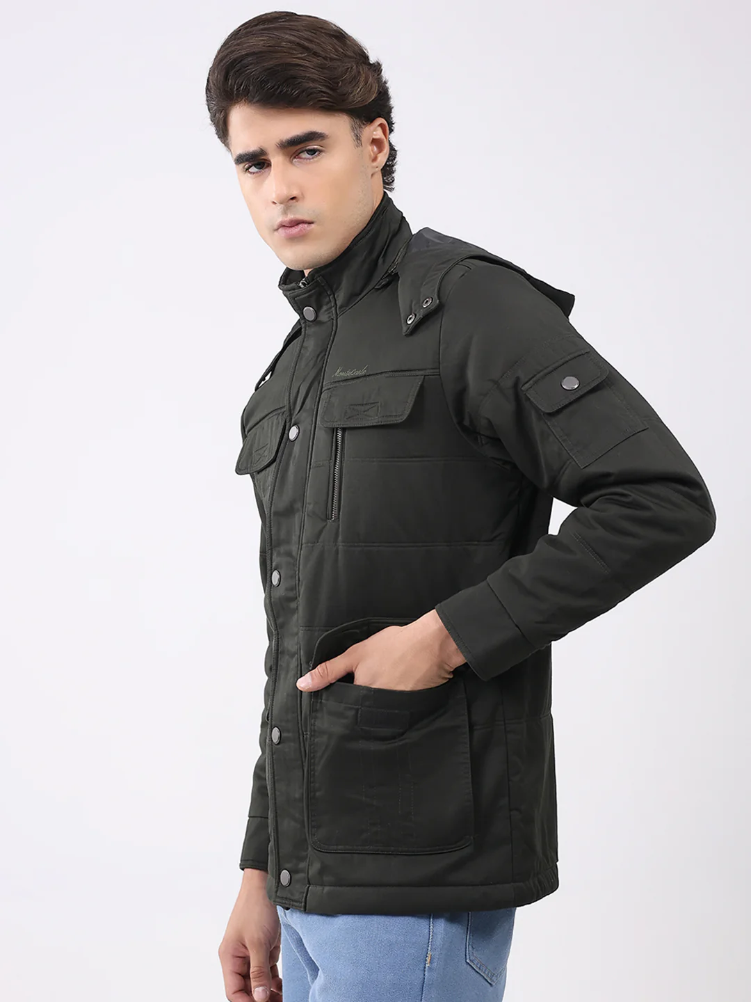 Men Green Solid Collar Full Sleeve Jacket - Image 3