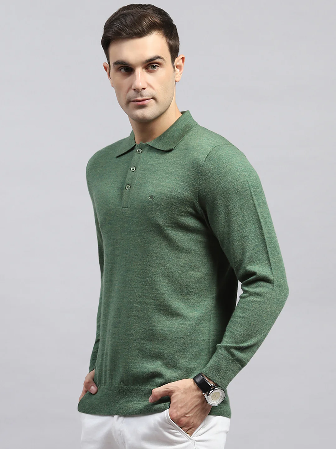 Men Green Solid Collar Full Sleeve Winter T-Shirt - Image 3