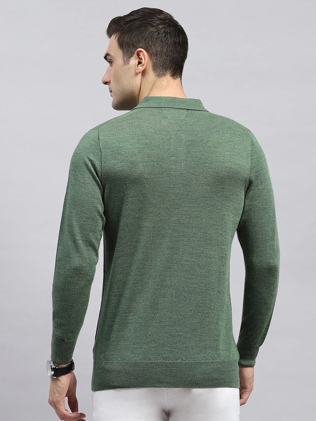 Men Green Solid Collar Full Sleeve Winter T-Shirt - Image 5
