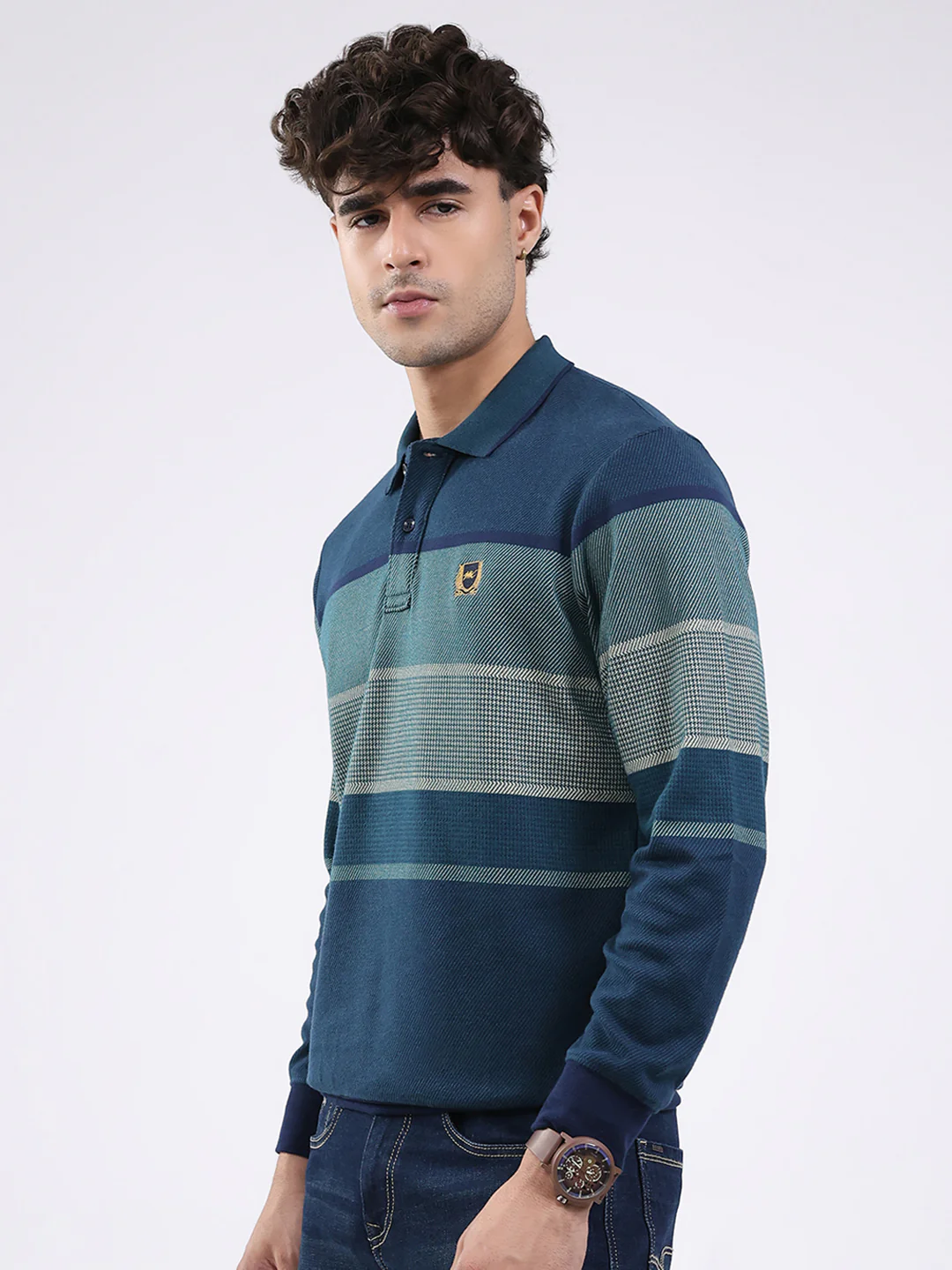 Men Green Solid Collar Full Sleeve Winter T-Shirt - Image 3